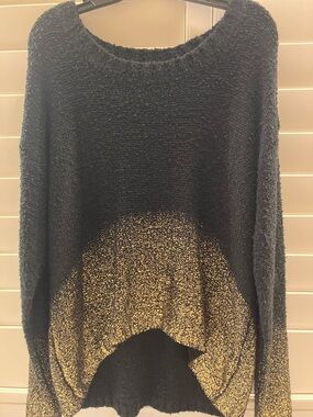 Women's Black Crewneck Sweater with Gold Ombre Hem